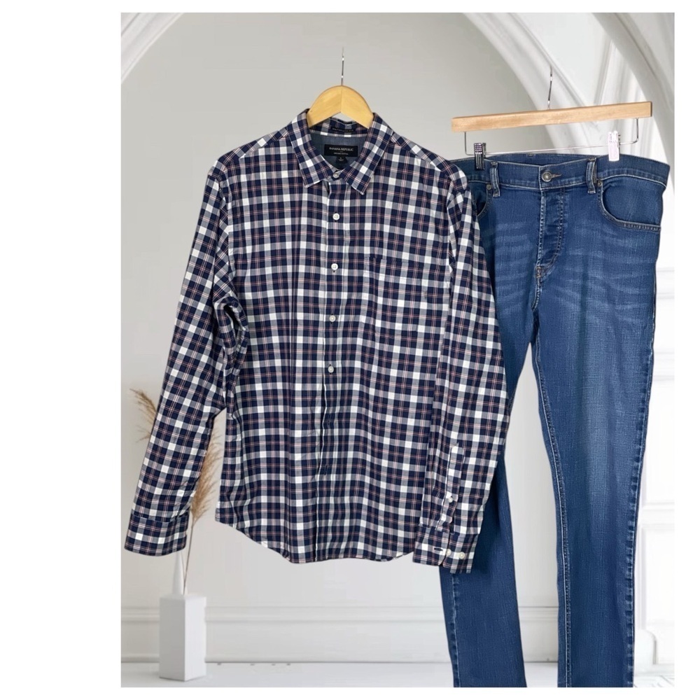 Banana Republic factory Organic Cotton untucked Fit Blue plaid shirt L - Picture 1 of 7
